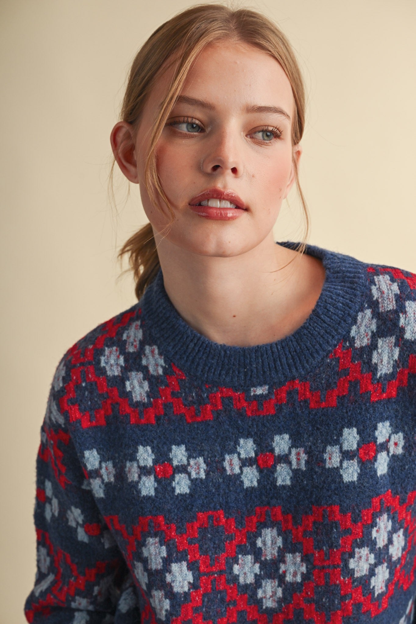 Geometric Bloom Pattern Knit Sweater in Blueberry Multi - product photo 8