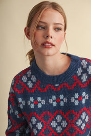 Geometric Bloom Pattern Knit Sweater in Blueberry Multi - product photo 8