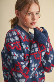 Geometric Bloom Pattern Knit Sweater in Blueberry Multi - product photo 9