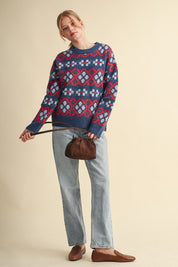 Geometric Bloom Pattern Knit Sweater in Blueberry Multi - product photo 10