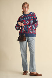 Geometric Bloom Pattern Knit Sweater in Blueberry Multi - product photo 11