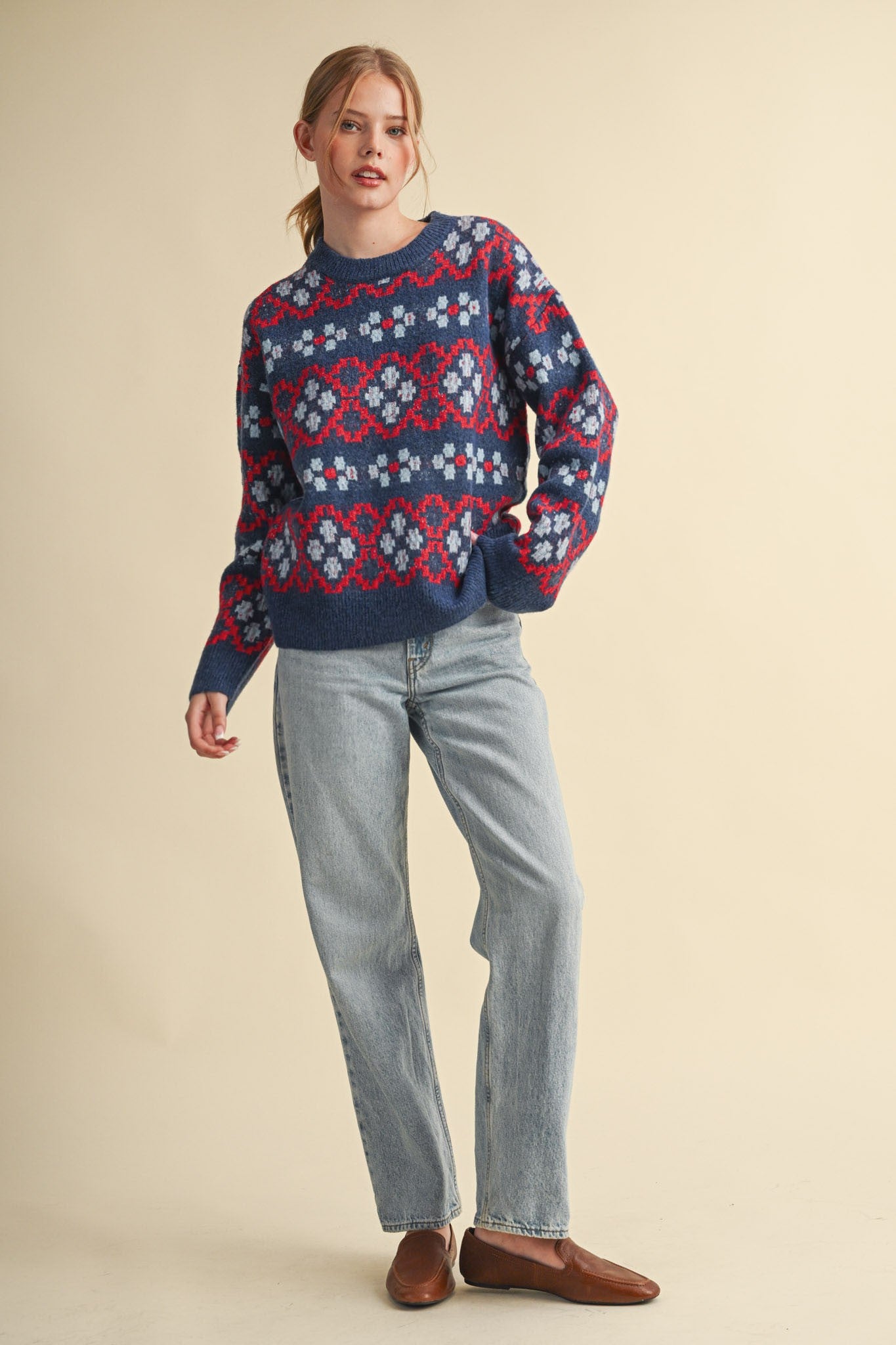 Geometric Bloom Pattern Knit Sweater in Blueberry Multi - product photo 12