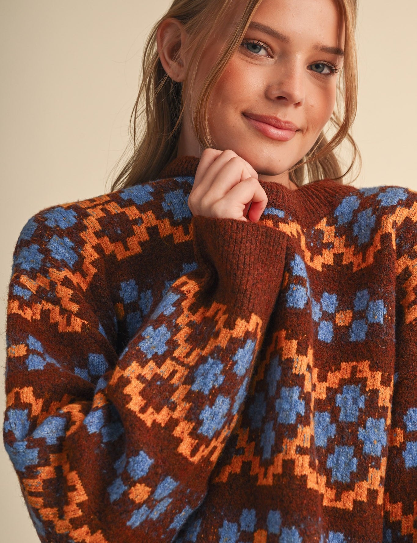Geometric Bloom Pattern Knit Sweater in Brown Multi - product photo 1