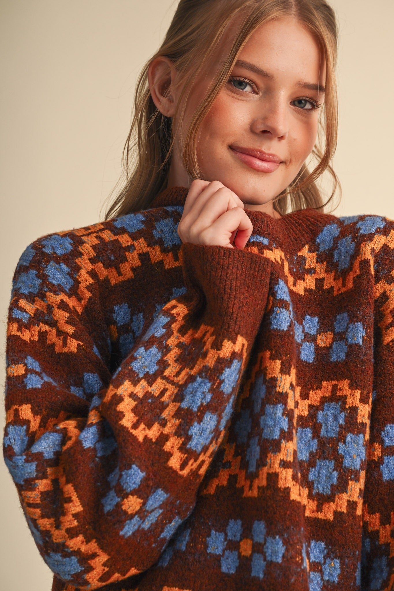 Geometric Bloom Pattern Knit Sweater in Brown Multi - product photo 1