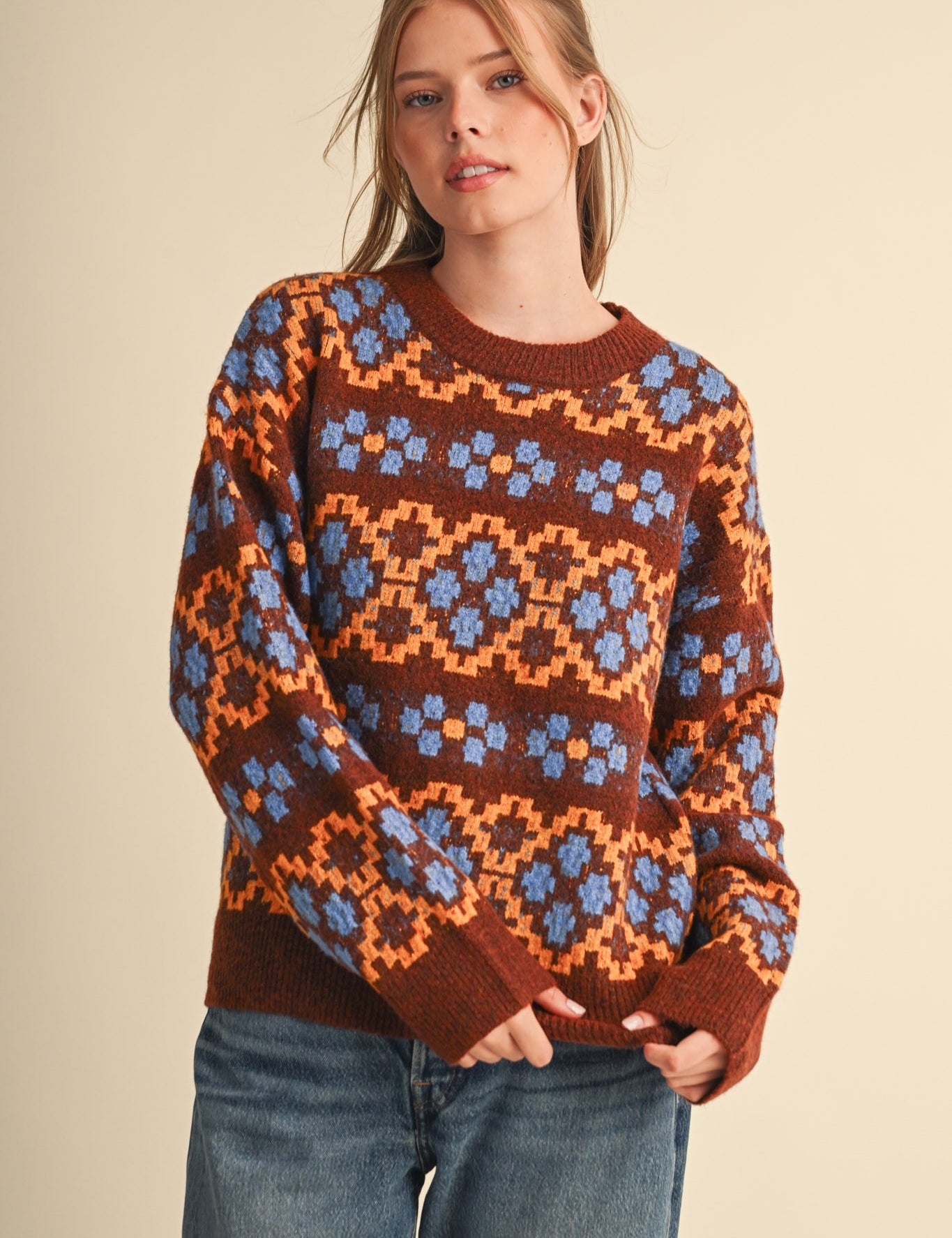 Geometric Bloom Pattern Knit Sweater in Brown Multi - product photo 2