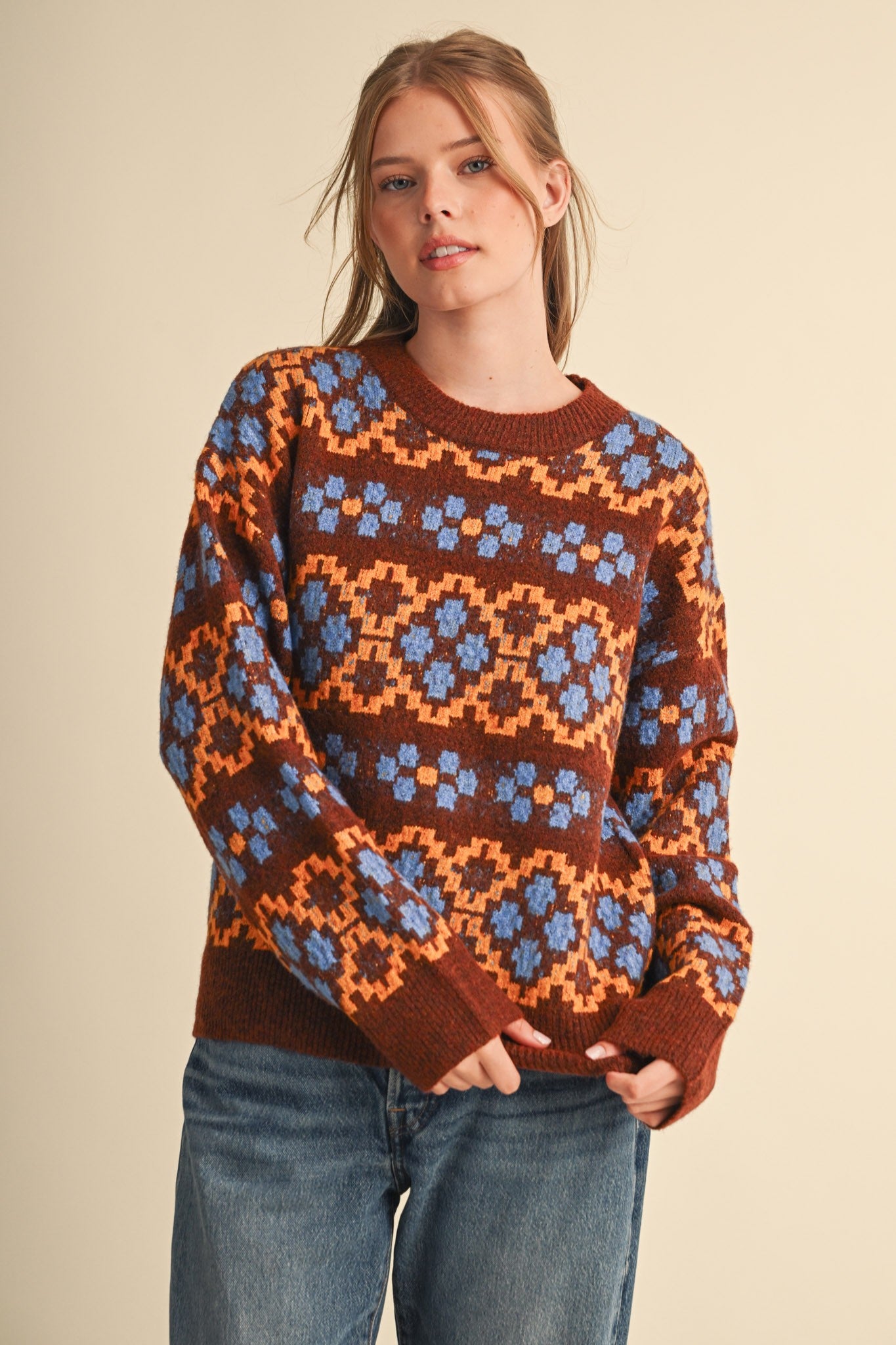 Geometric Bloom Pattern Knit Sweater in Brown Multi - product photo 2