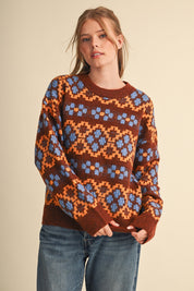 Geometric Bloom Pattern Knit Sweater in Brown Multi - product photo 2