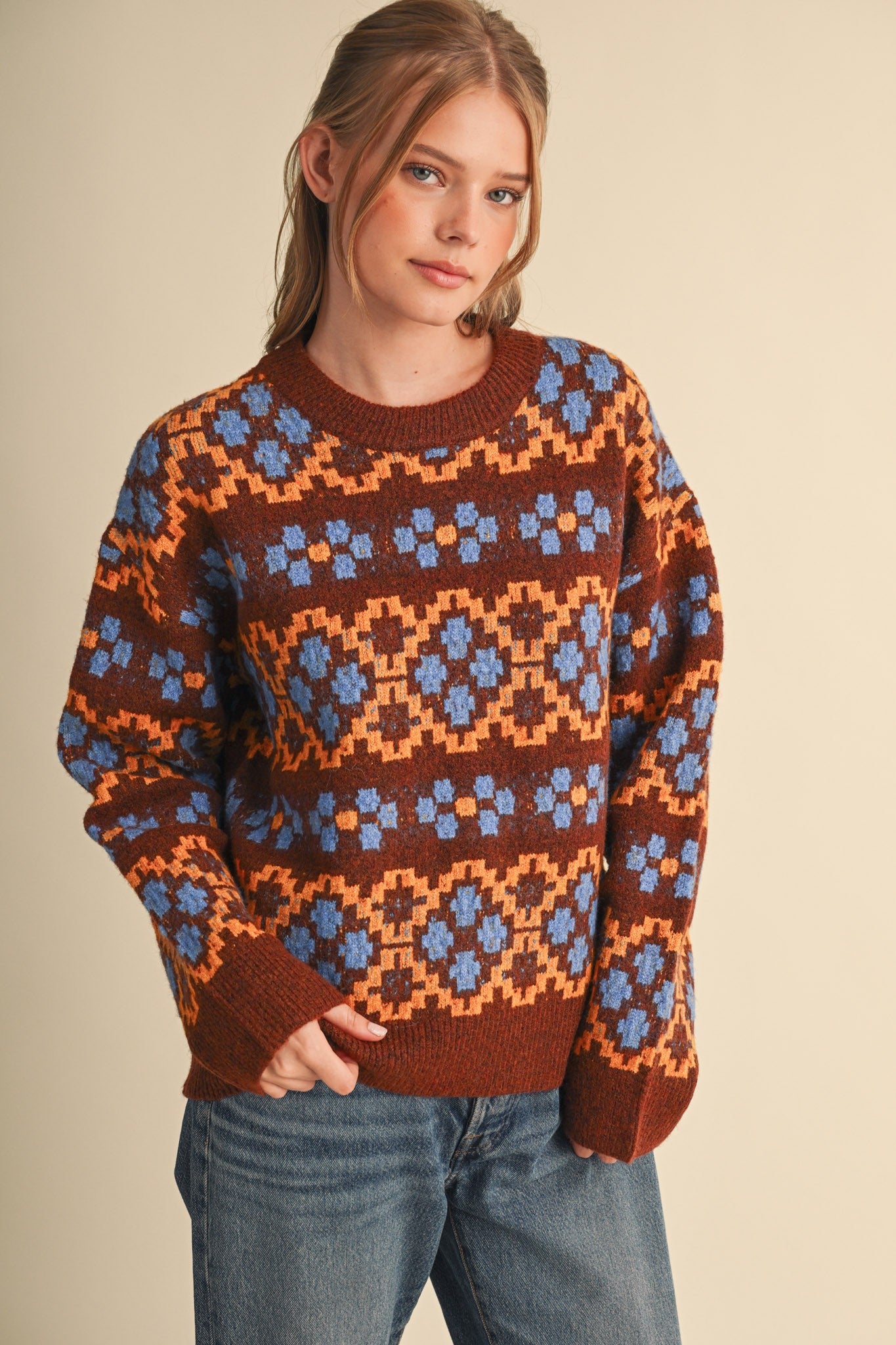 Geometric Bloom Pattern Knit Sweater in Brown Multi - product photo 3