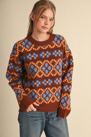 Geometric Bloom Pattern Knit Sweater in Brown Multi - product photo 3
