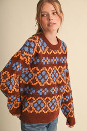 Geometric Bloom Pattern Knit Sweater in Brown Multi - product photo 4