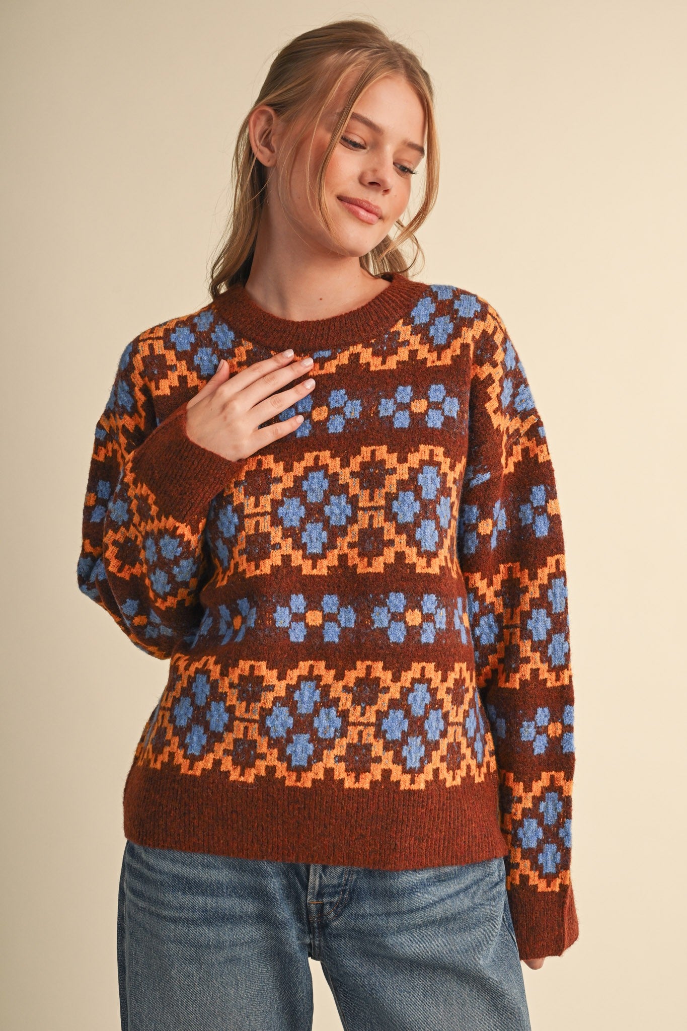 Geometric Bloom Pattern Knit Sweater in Brown Multi - product photo 5