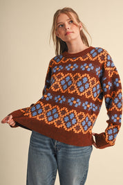 Geometric Bloom Pattern Knit Sweater in Brown Multi - product photo 6