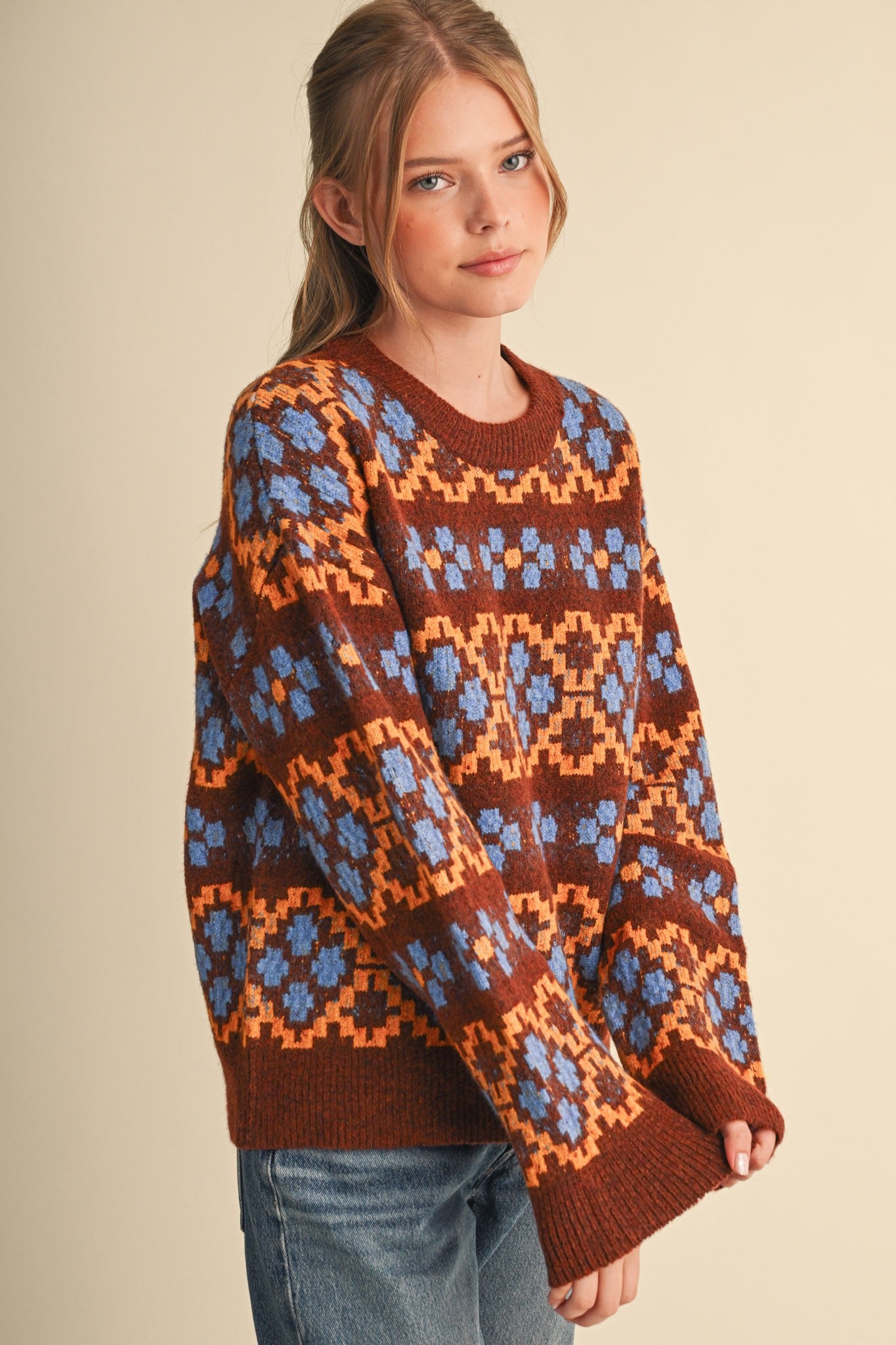 Geometric Bloom Pattern Knit Sweater in Brown Multi - product photo 7
