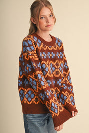Geometric Bloom Pattern Knit Sweater in Brown Multi - product photo 7