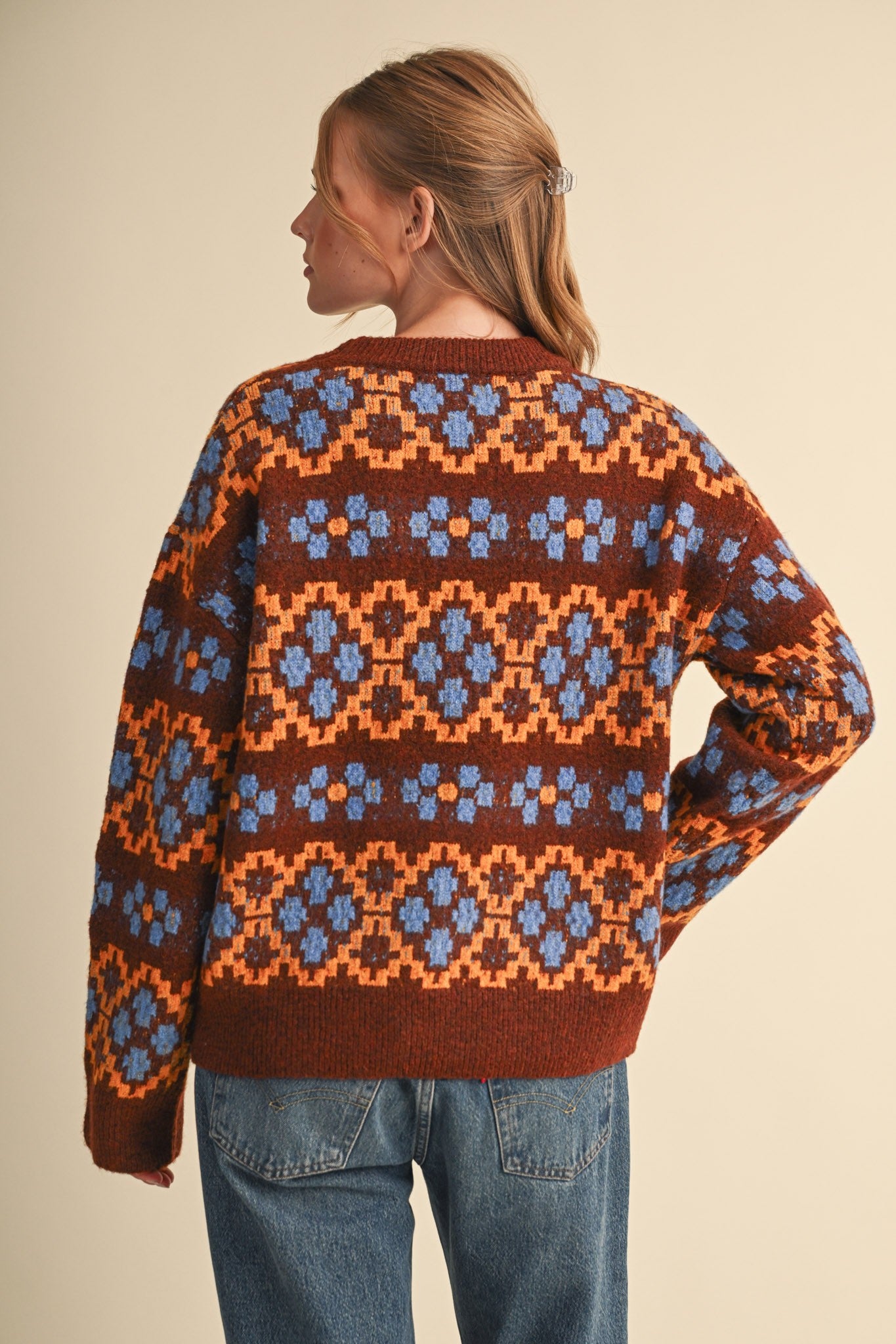 Geometric Bloom Pattern Knit Sweater in Brown Multi - product photo 8