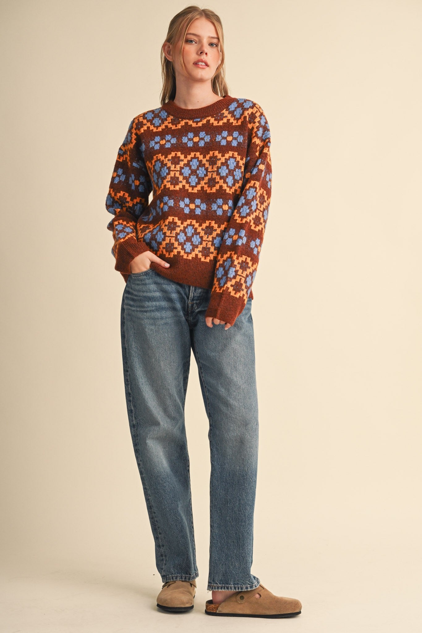 Geometric Bloom Pattern Knit Sweater in Brown Multi - product photo 9