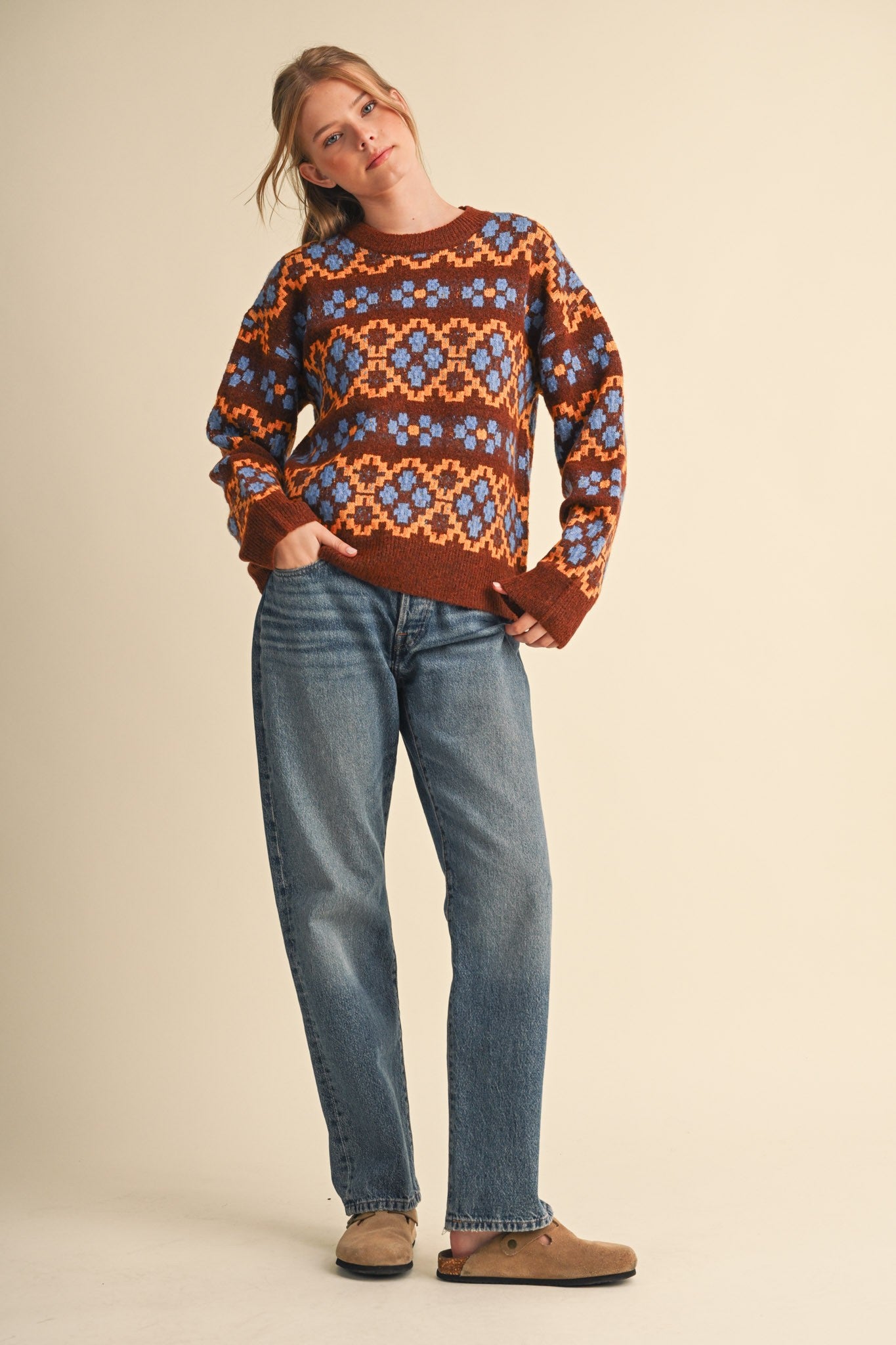 Geometric Bloom Pattern Knit Sweater in Brown Multi - product photo 10