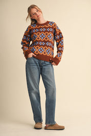 Geometric Bloom Pattern Knit Sweater in Brown Multi - product photo 10