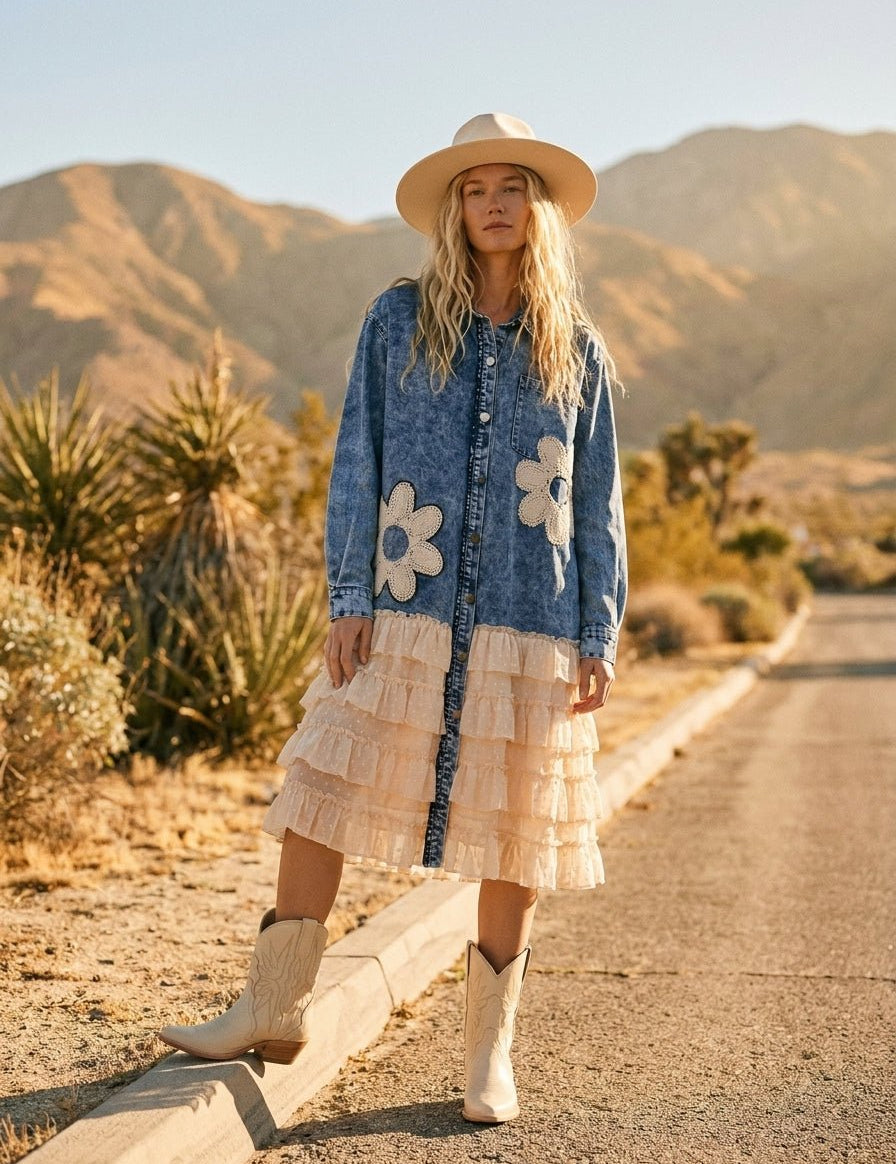 Georgia Floral Patch Denim Shirt Dress - Westly