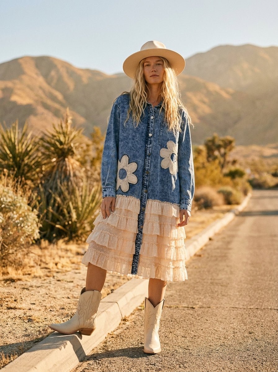 Georgia Floral Patch Denim Shirt Dress - Westly
