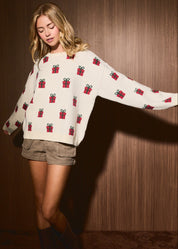 Gift Exchange Present Motif Knit Sweater in Cream — product photo 01