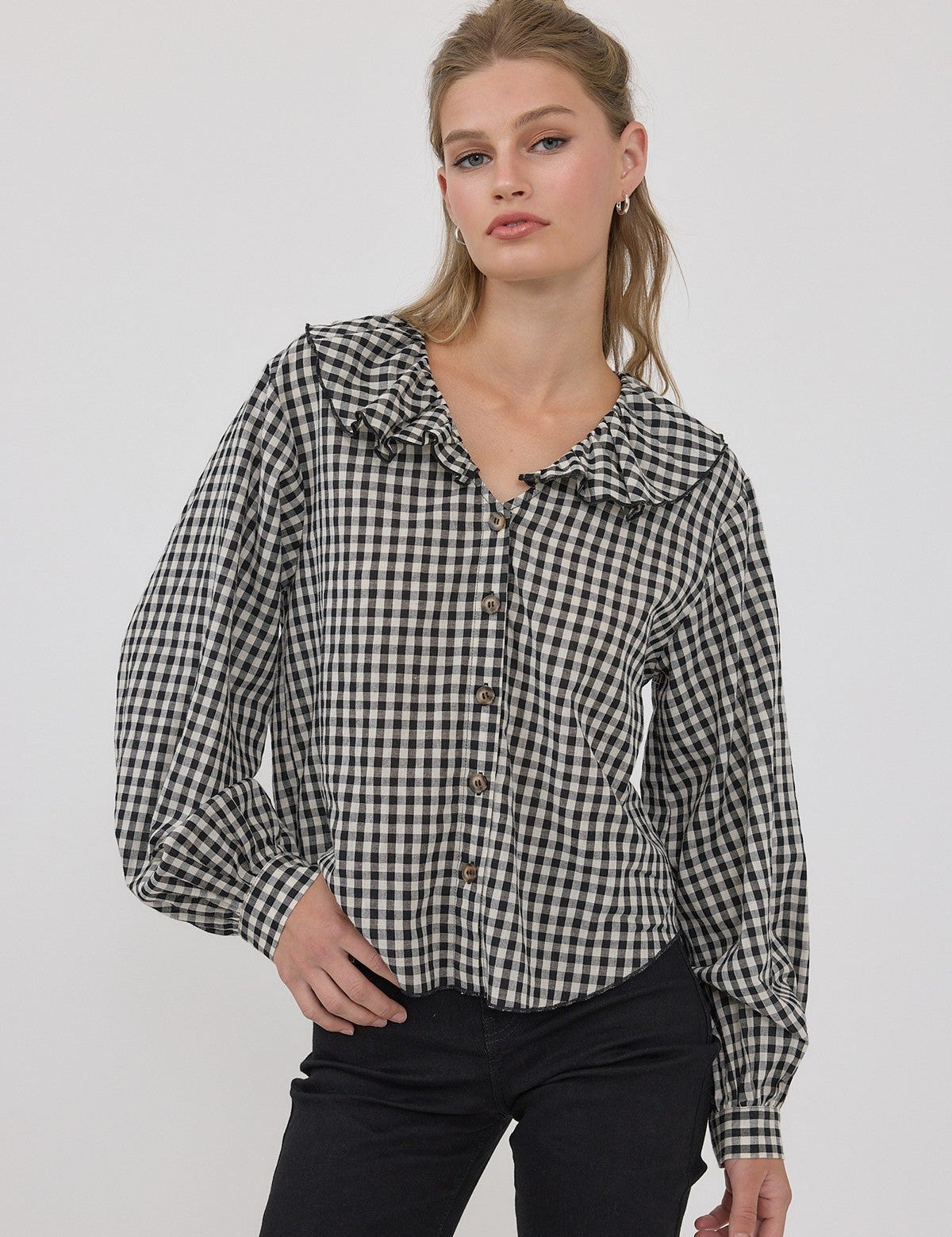 Gingham Gathering Ruffle Collar Blouse in Black - product photo 1