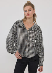 Gingham Gathering Ruffle Collar Blouse in Black - product photo 1