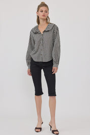Gingham Gathering Ruffle Collar Blouse in Black - product photo 2