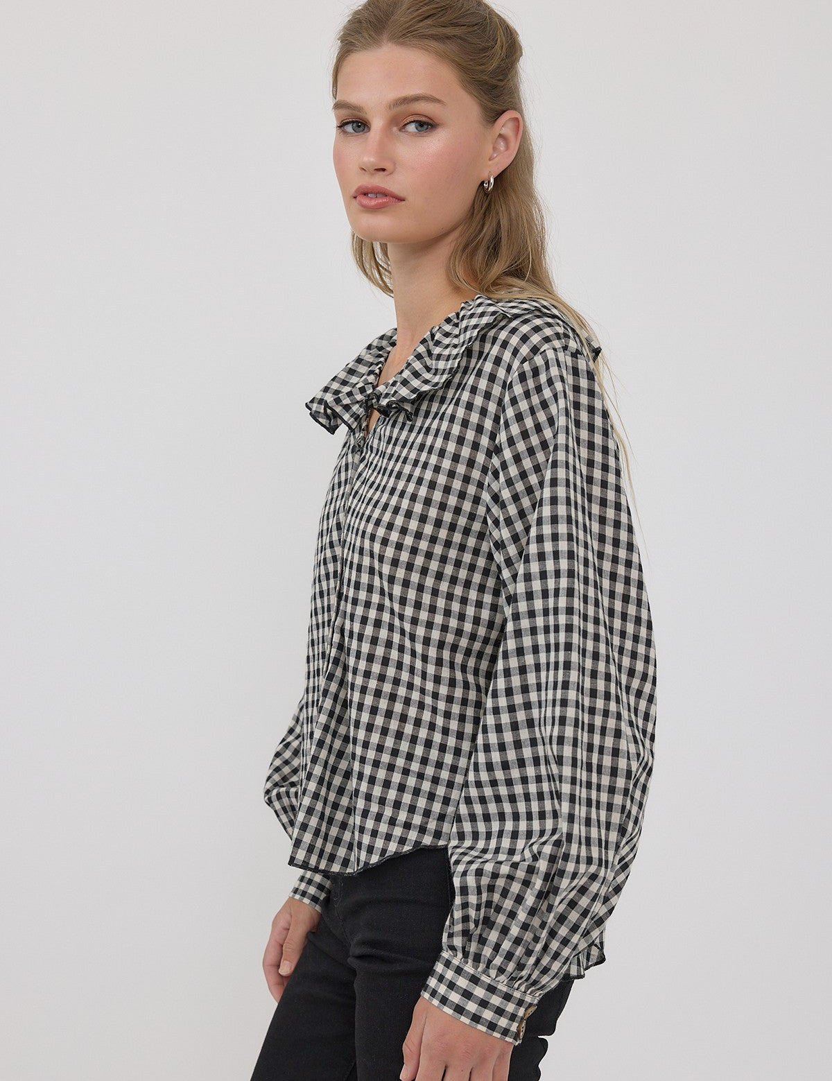 Gingham Gathering Ruffle Collar Blouse in Black - product photo 3