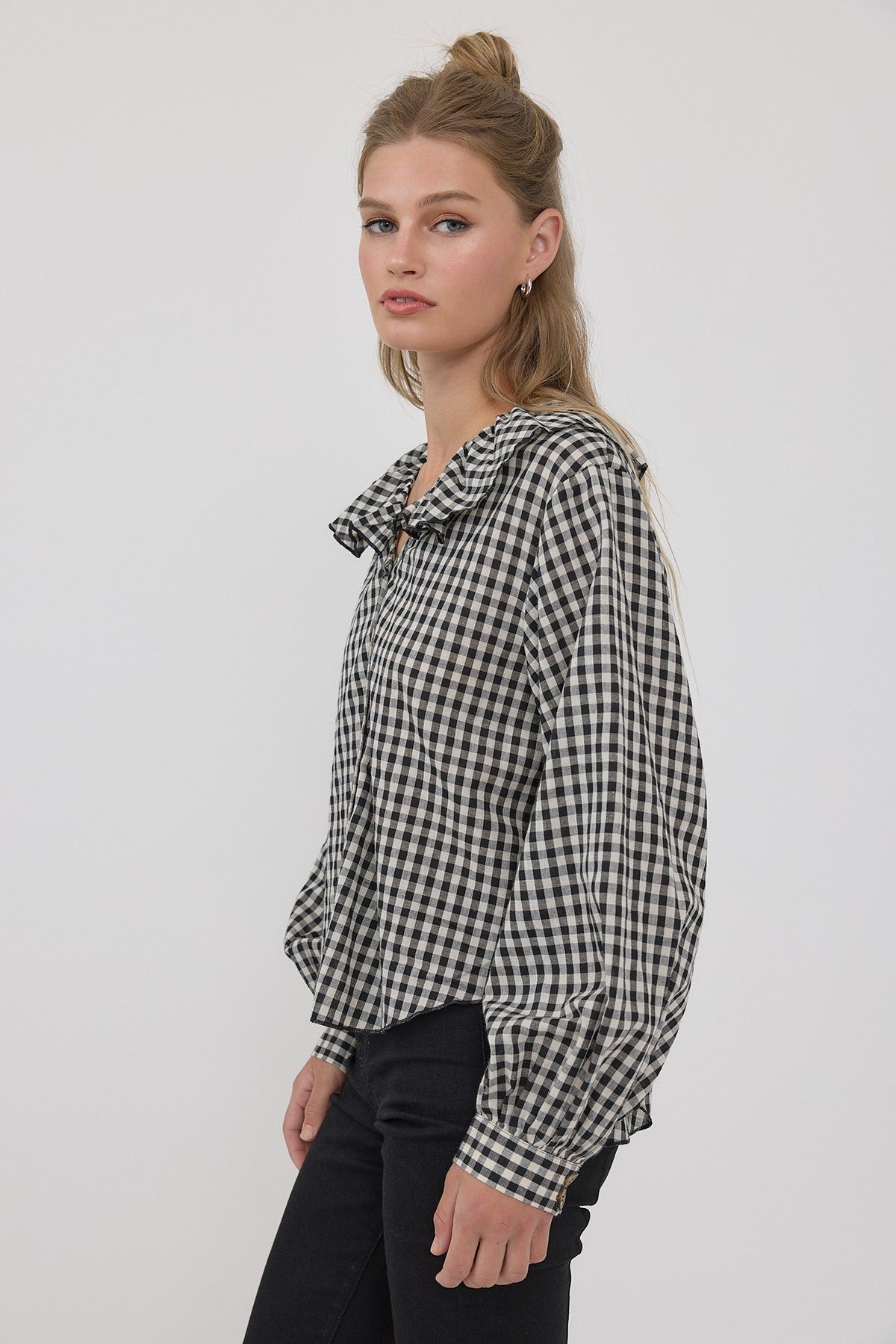 Gingham Gathering Ruffle Collar Blouse in Black - product photo 3