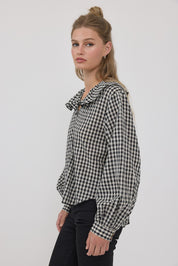 Gingham Gathering Ruffle Collar Blouse in Black - product photo 3