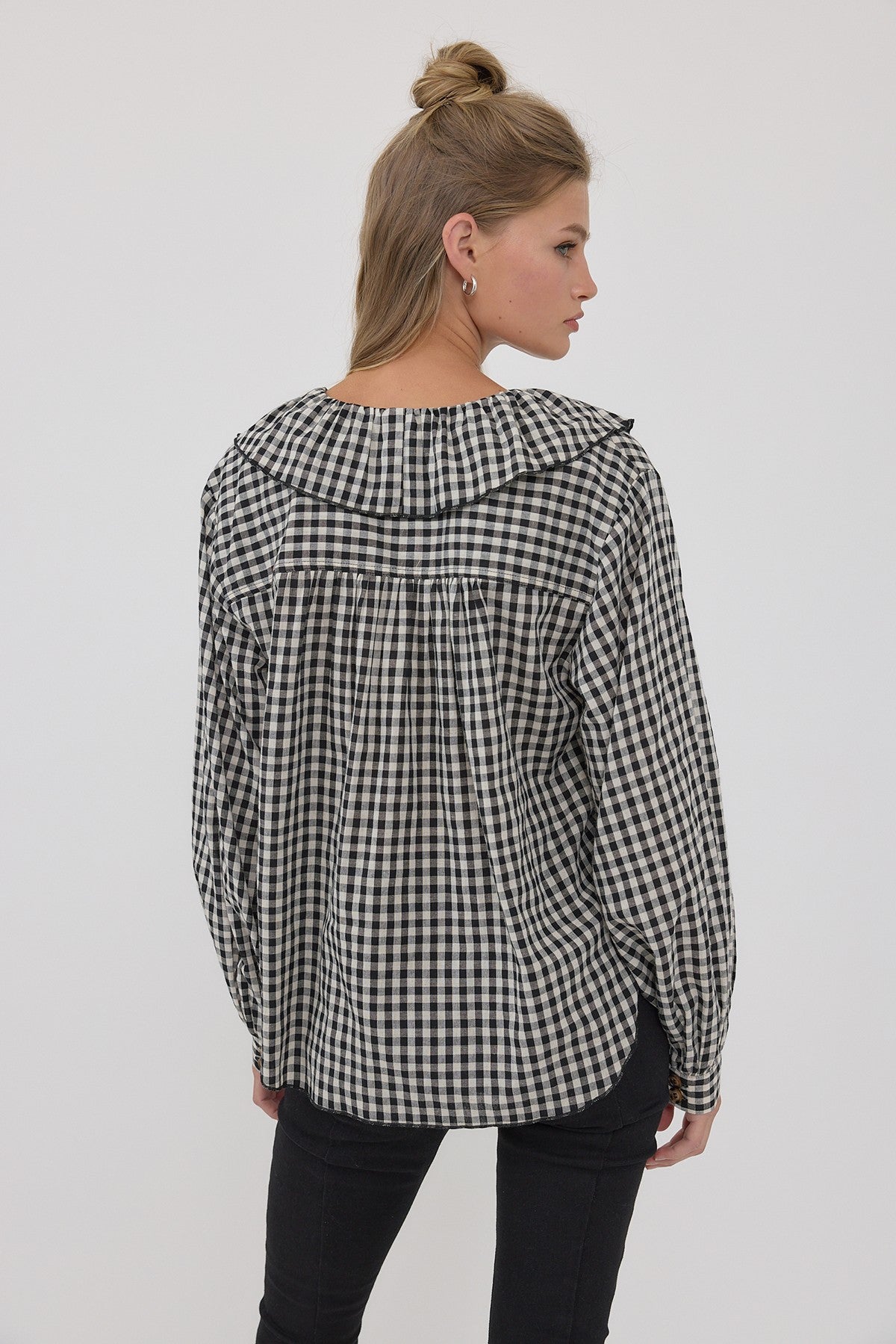 Gingham Gathering Ruffle Collar Blouse in Black - product photo 4