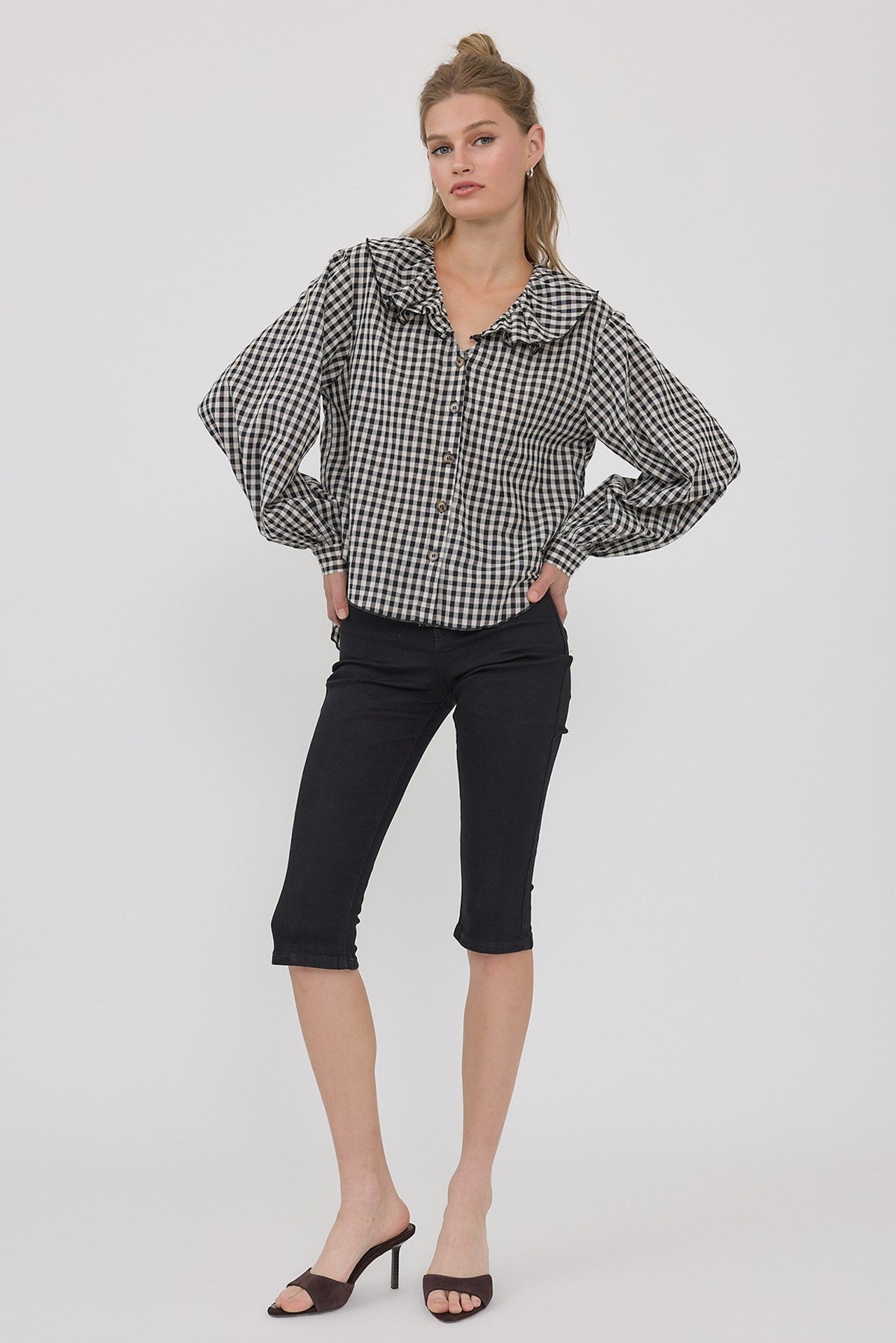 Gingham Gathering Ruffle Collar Blouse in Black - product photo 5