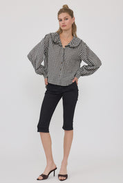Gingham Gathering Ruffle Collar Blouse in Black - product photo 5