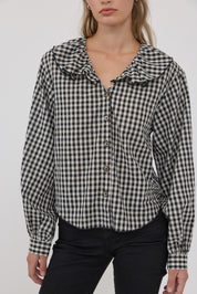 Gingham Gathering Ruffle Collar Blouse in Black - product photo 6