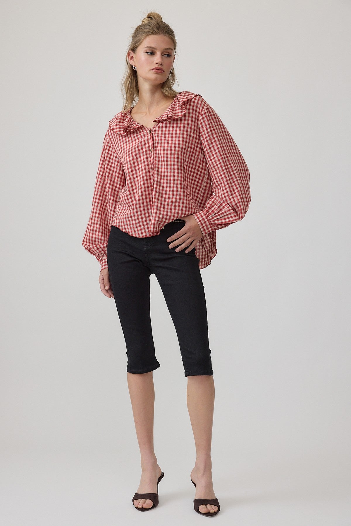 Gingham Gathering Ruffle Collar Blouse in Red - product photo 1