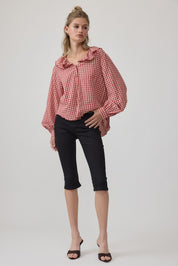 Gingham Gathering Ruffle Collar Blouse in Red - product photo 1