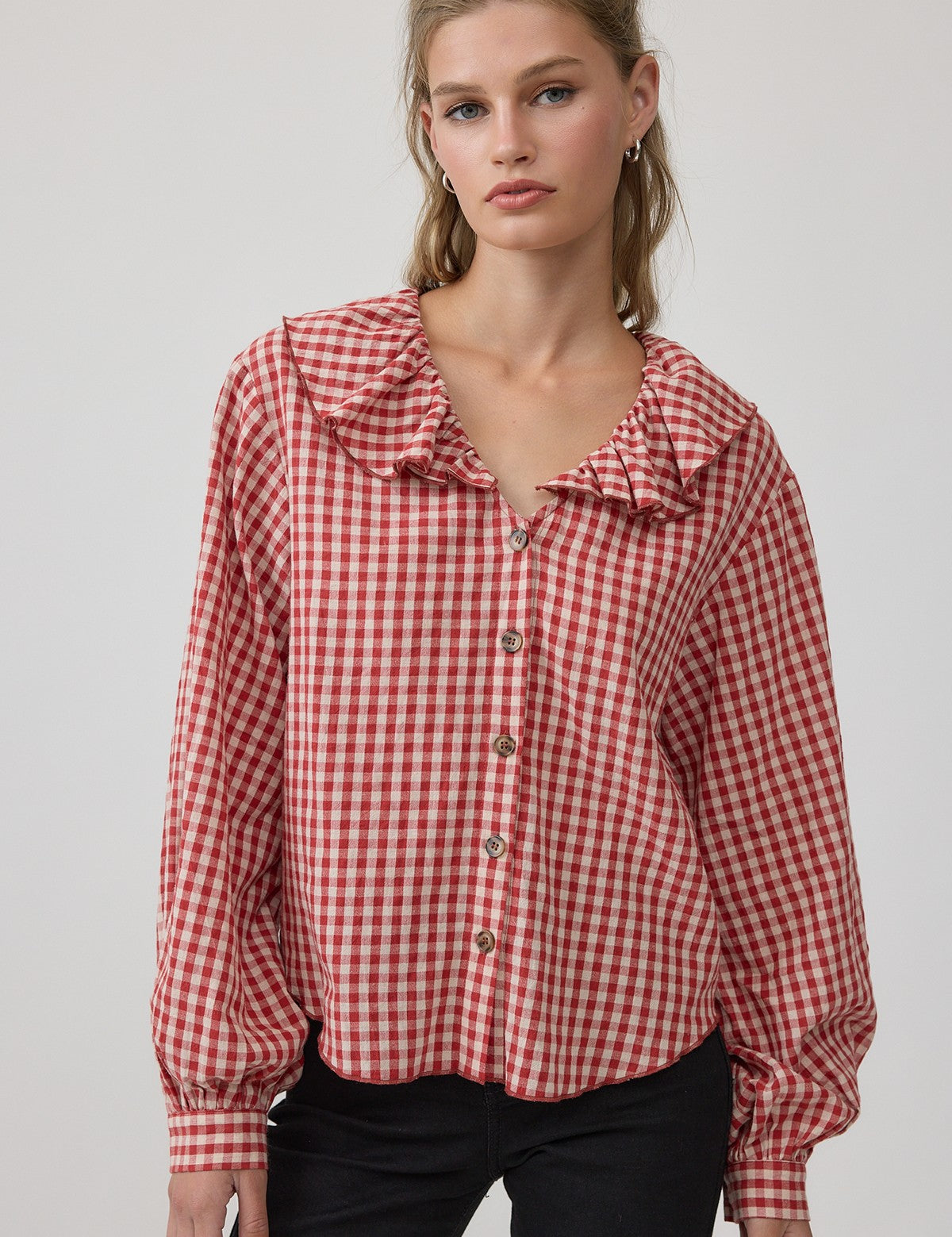 Gingham Gathering Ruffle Collar Blouse in Red - product photo 2