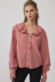 Gingham Gathering Ruffle Collar Blouse in Red - product photo 2