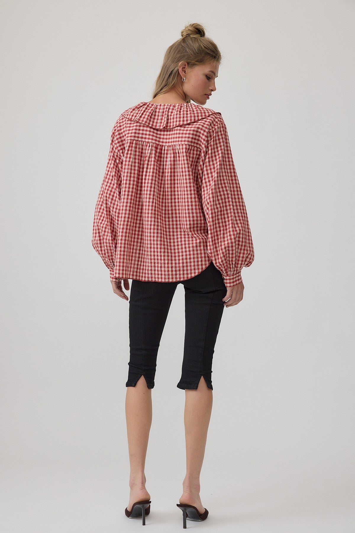 Gingham Gathering Ruffle Collar Blouse in Red - product photo 3