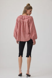 Gingham Gathering Ruffle Collar Blouse in Red - product photo 3