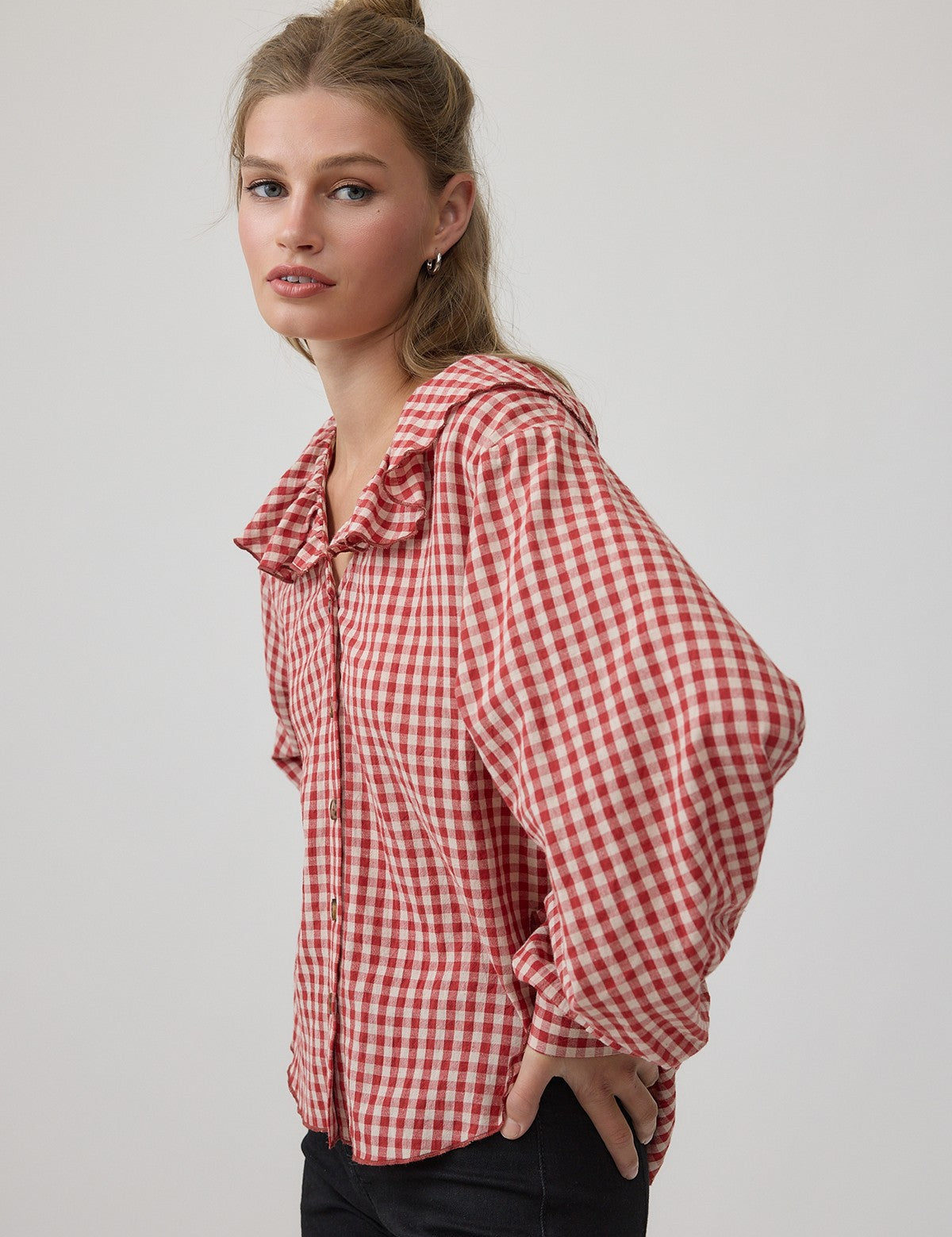 Gingham Gathering Ruffle Collar Blouse in Red - product photo 4