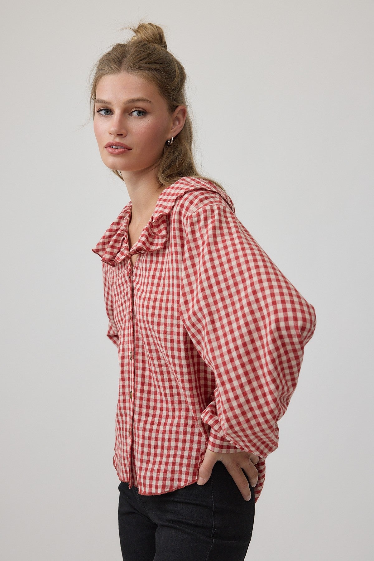 Gingham Gathering Ruffle Collar Blouse in Red - product photo 4