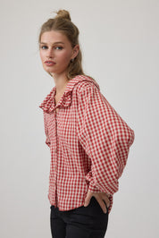 Gingham Gathering Ruffle Collar Blouse in Red - product photo 4