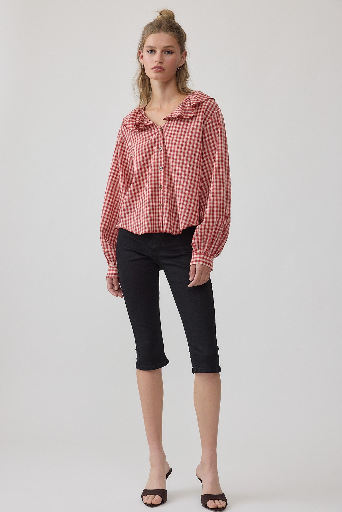 Gingham Gathering Ruffle Collar Blouse in Red - product photo 5