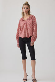 Gingham Gathering Ruffle Collar Blouse in Red - product photo 5