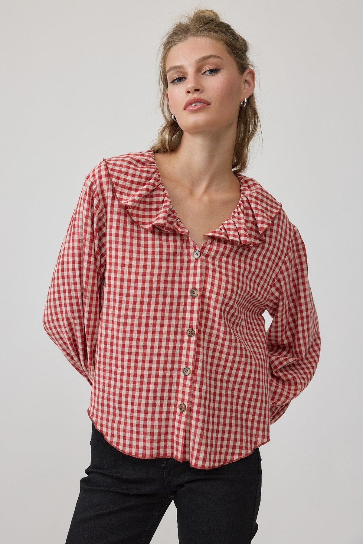 Gingham Gathering Ruffle Collar Blouse in Red - product photo 6