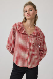 Gingham Gathering Ruffle Collar Blouse in Red - product photo 6