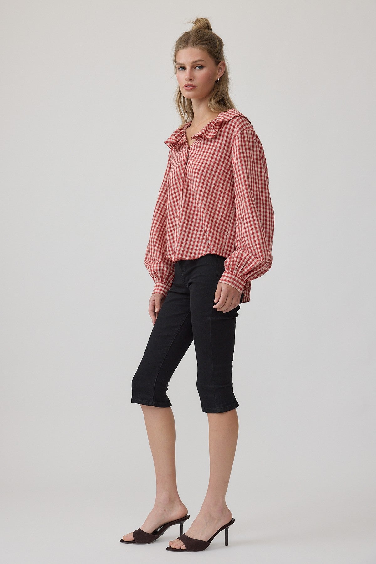 Gingham Gathering Ruffle Collar Blouse in Red - product photo 7