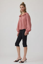 Gingham Gathering Ruffle Collar Blouse in Red - product photo 7
